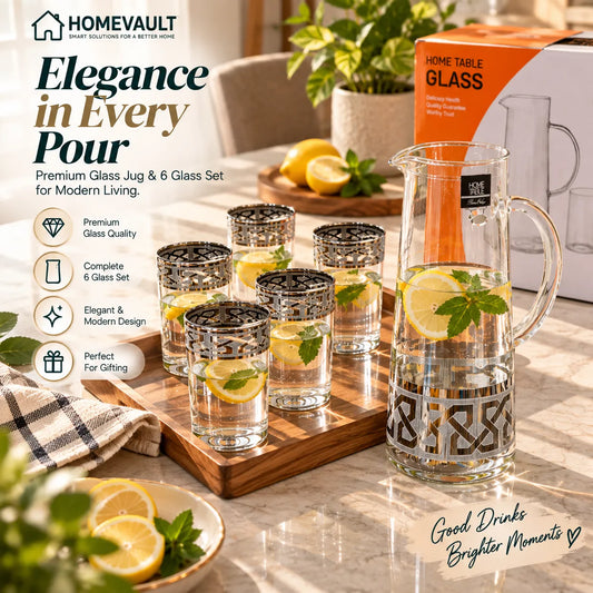 Elegant Glass Water Jug with 6 Matching Glasses – Premium Drinkware Set