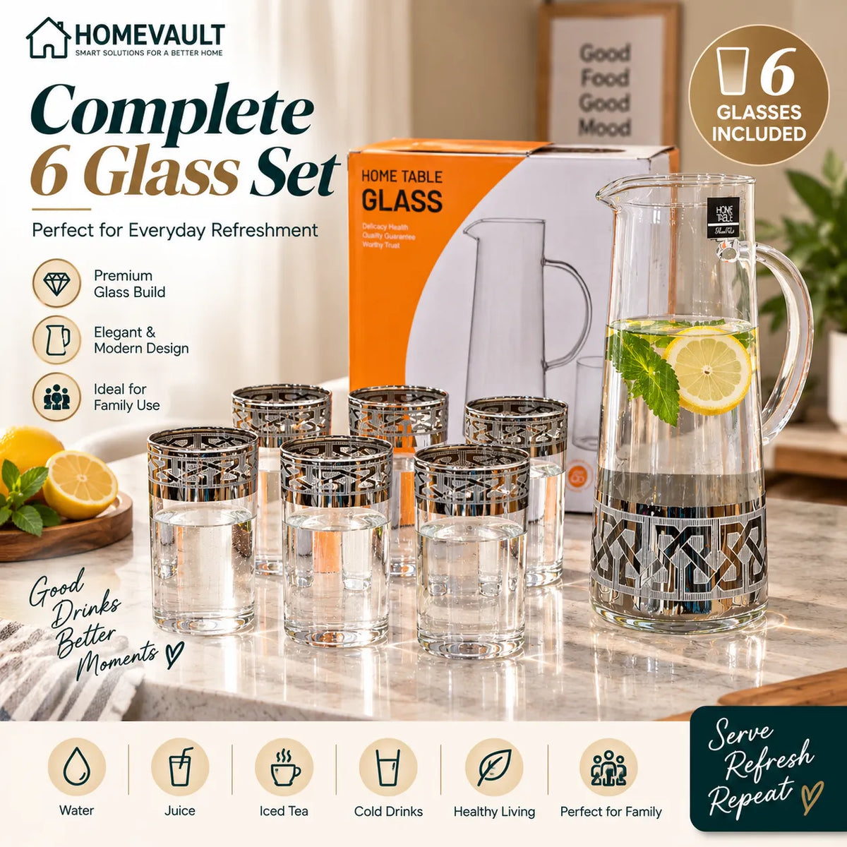 Elegant Glass Water Jug with 6 Matching Glasses – Premium Drinkware Set