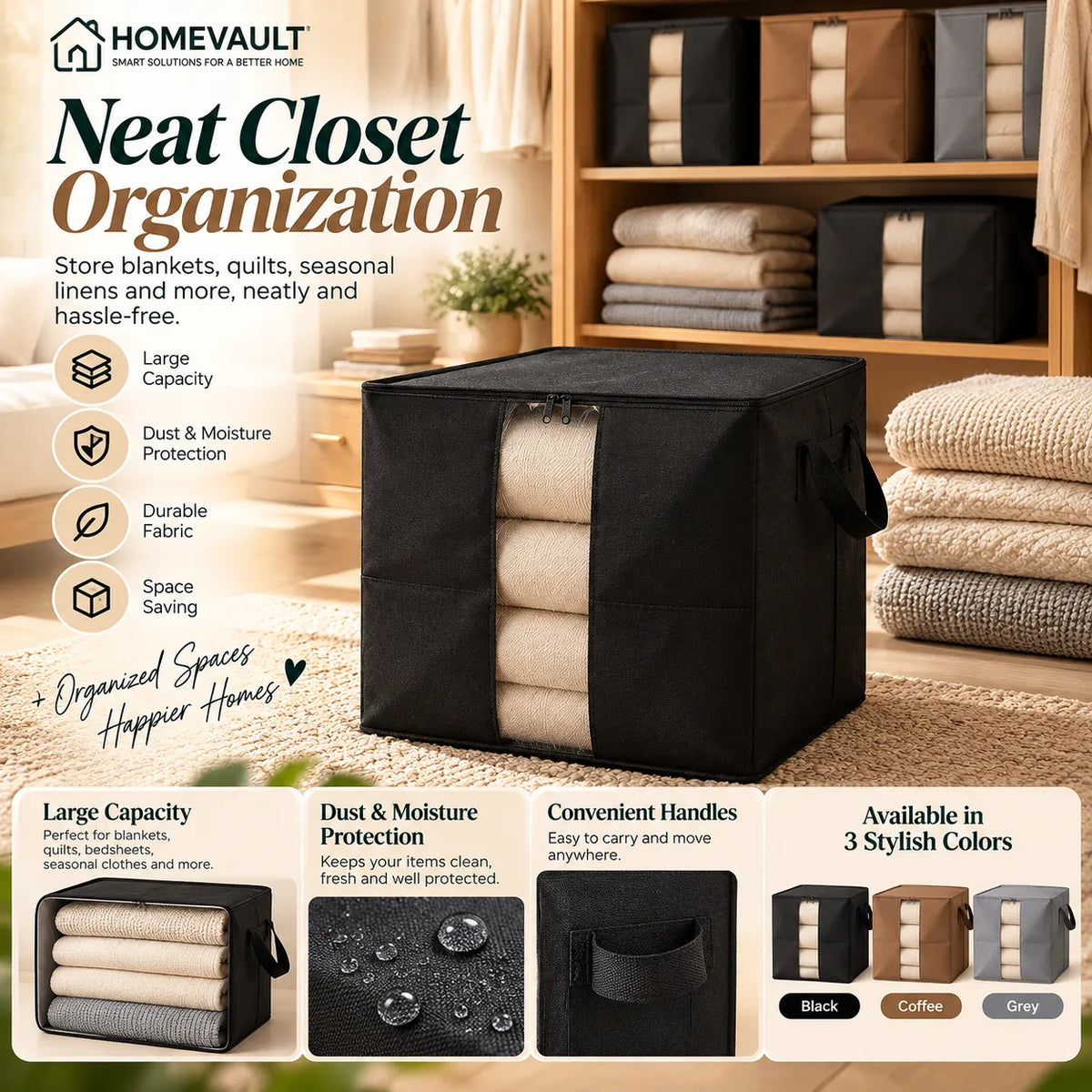 Large Fabric Storage Box with Clear Window & Handles – Pack Of Three