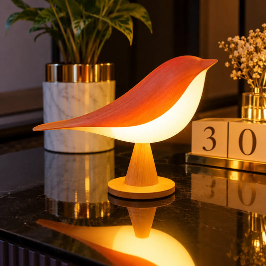 Bird-Shaped LED Table Lamp – Rechargeable Wooden Design with Touch Control