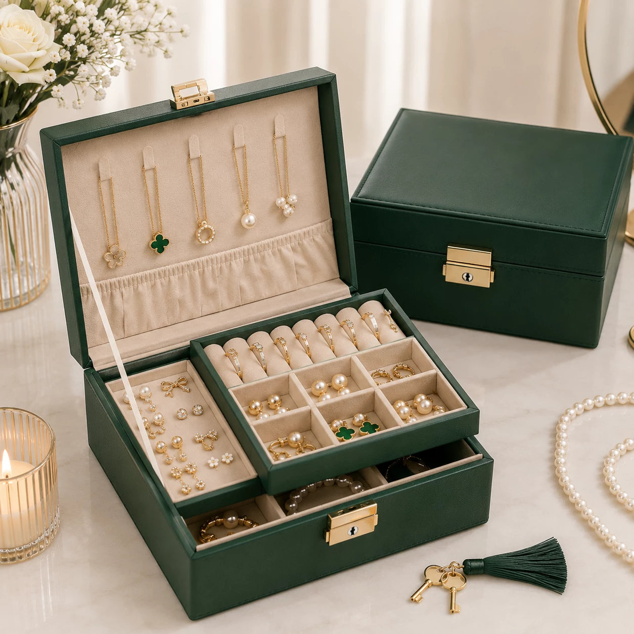 Luxury Jewelry Organizer Box with Lock & Mirror | Multi-Layer Jewelry Storage Case