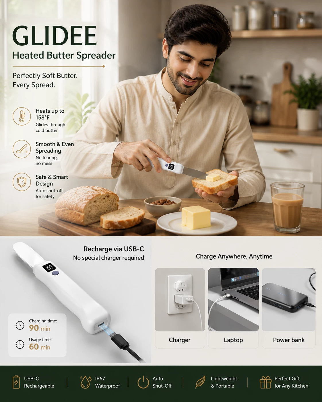 HomeVault Electric Heated Butter Spreader Knife | USB-C Rechargeable Smart Butter Knife