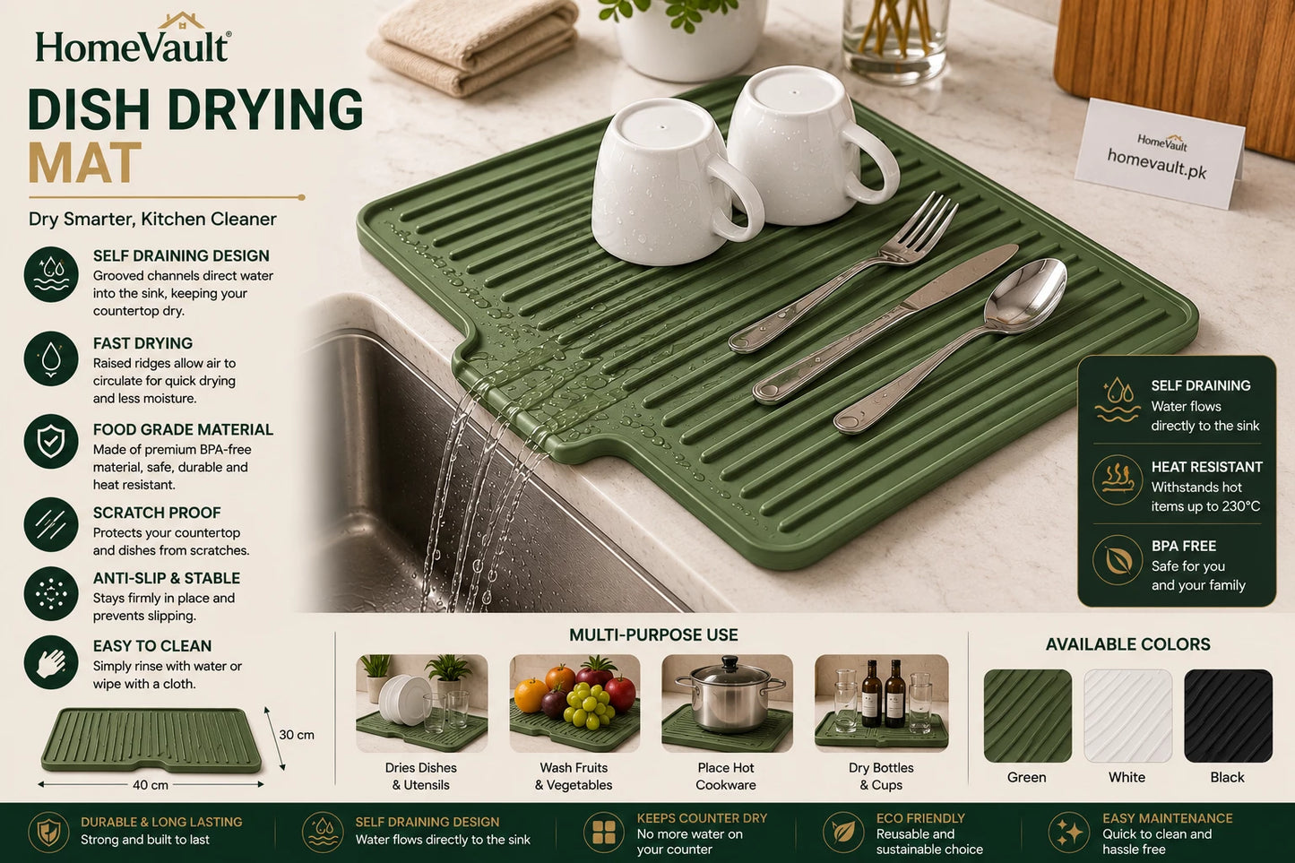 HomeVault Self-Draining Silicone Dish Drying Mat | Quick Dry Kitchen Sink Mat