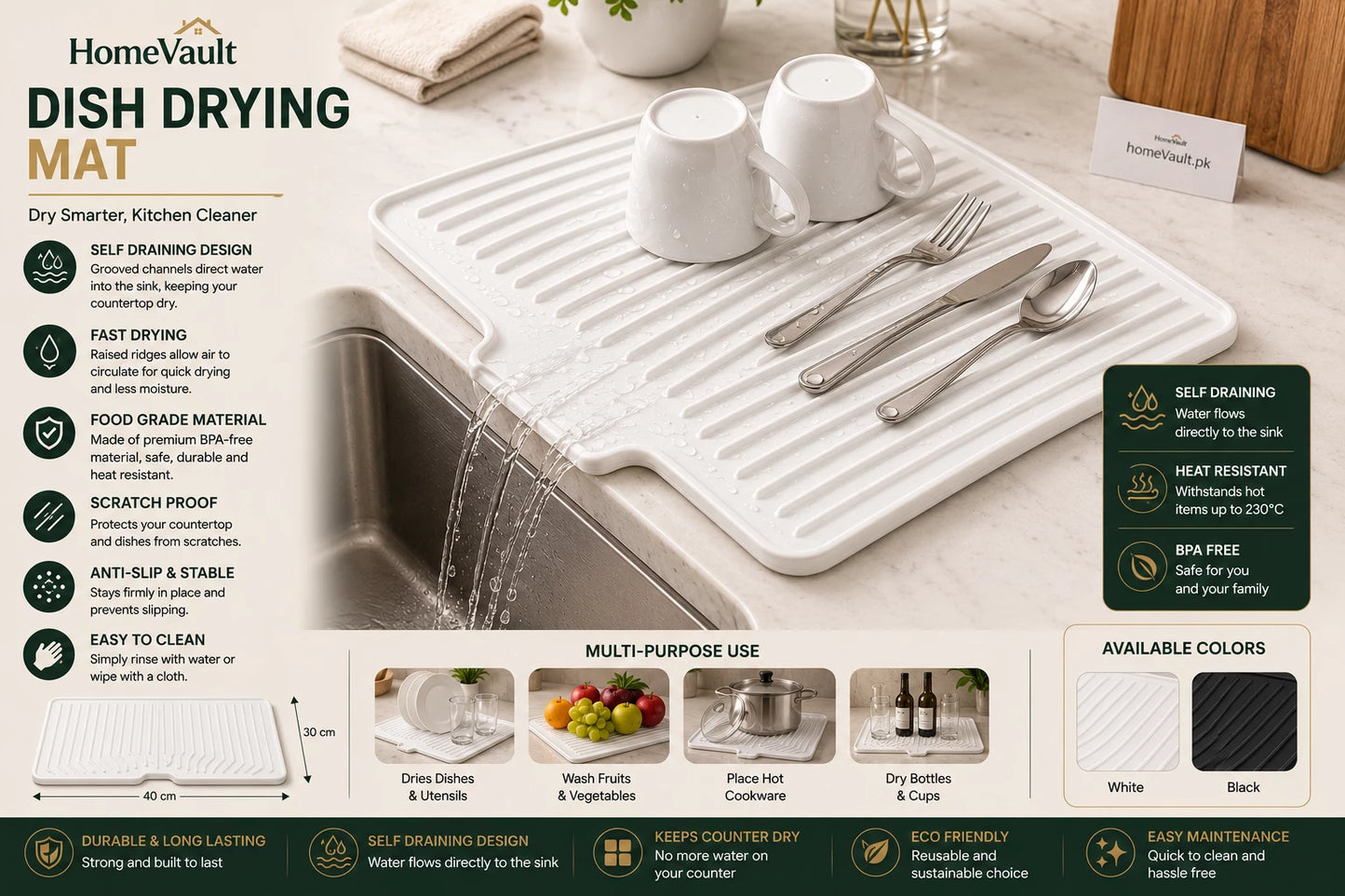 HomeVault Self-Draining Silicone Dish Drying Mat | Quick Dry Kitchen Sink Mat
