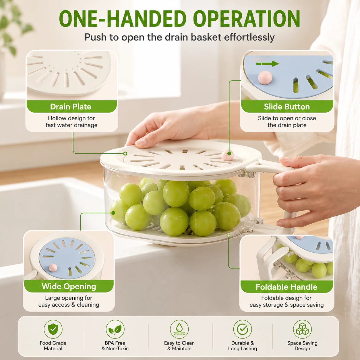 2-in-1 Fruit & Vegetable Washing & Storage Basket with Drain Lid