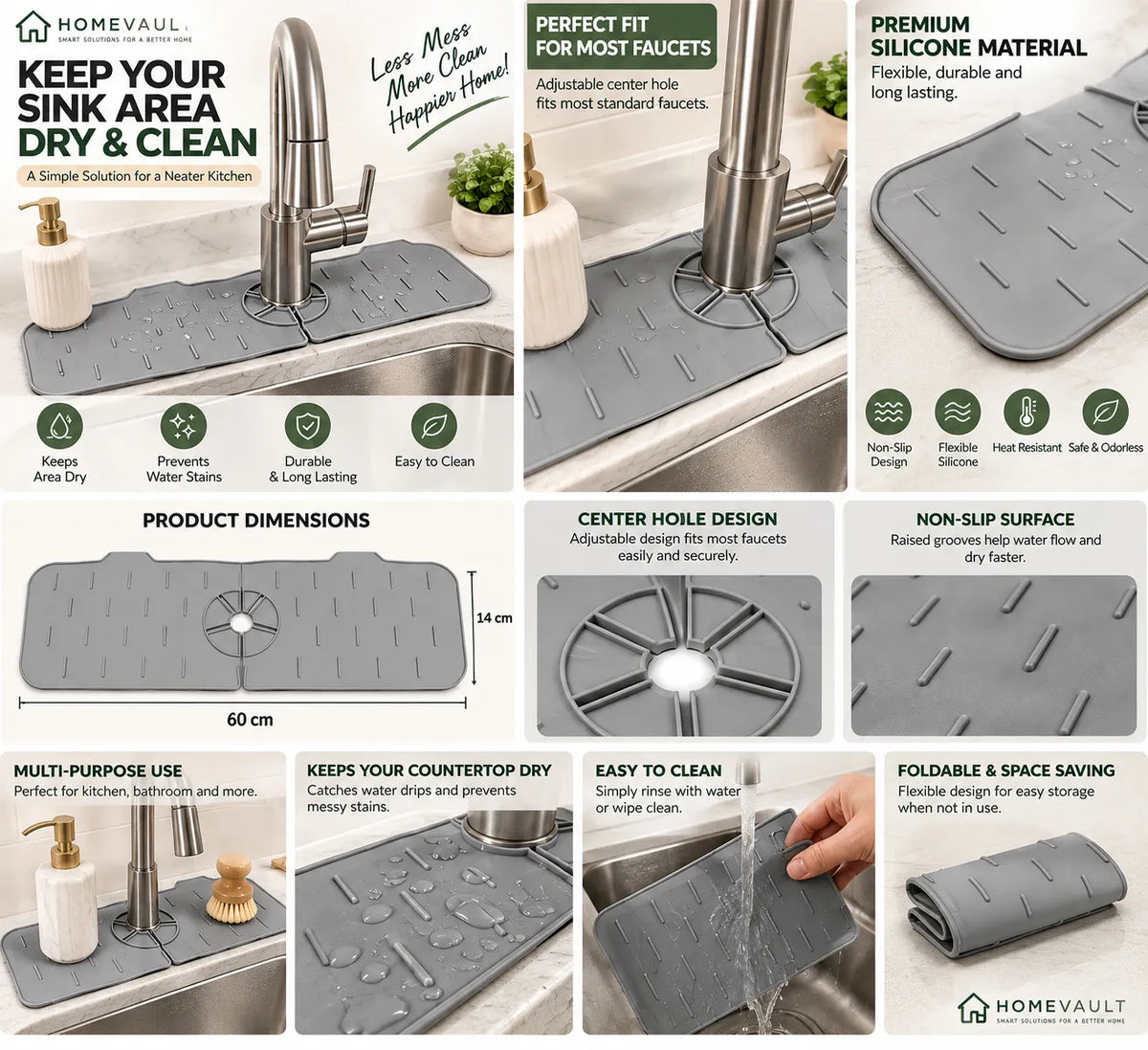 Silicone Sink Faucet Mat – Water Splash Guard & Countertop Drip Tray