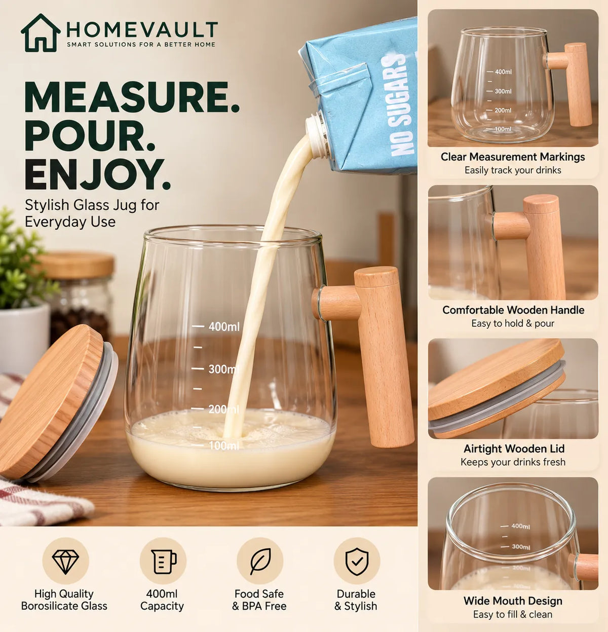 400ml Glass Measuring Mug with Wooden Handle & Bamboo Lid