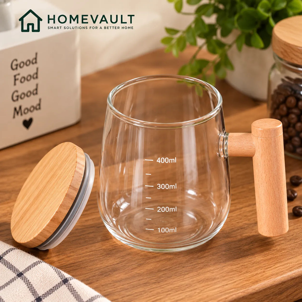 400ml Glass Measuring Mug with Wooden Handle & Bamboo Lid