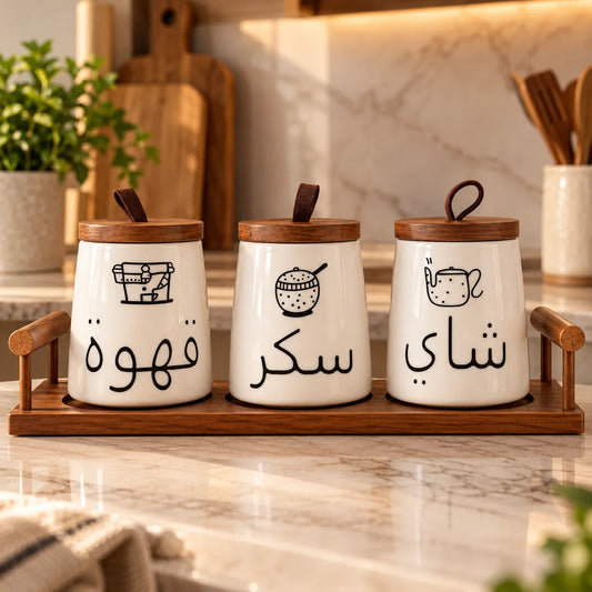 3-Piece Ceramic Tea, Coffee & Sugar Jar Set with Wooden Lids & Stand