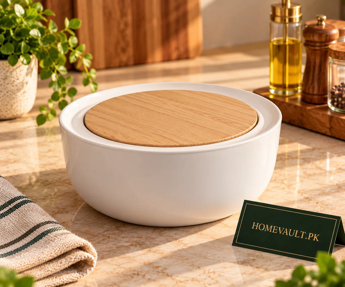 HomeVault Ceramic Tabletop Mini Dustbin with Bamboo Lid – White