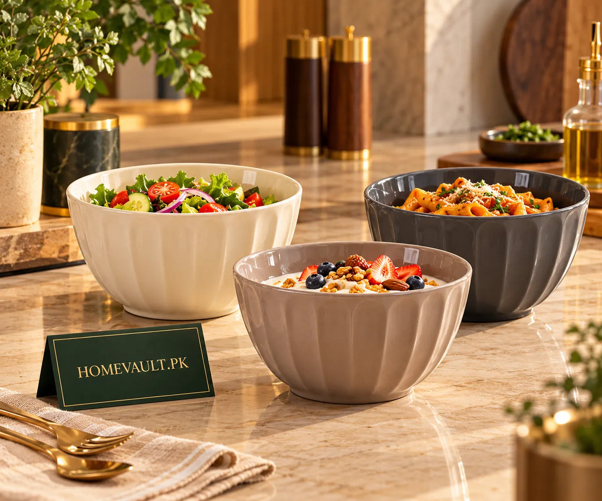3-Piece Ribbed Ceramic Bowl Set – Ivory, Taupe & Charcoal | HomeVault