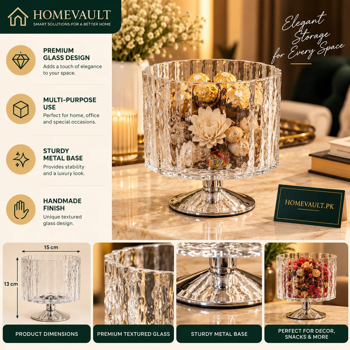 Textured Glass Decorative Bowl with Silver Pedestal Base – HomeVault