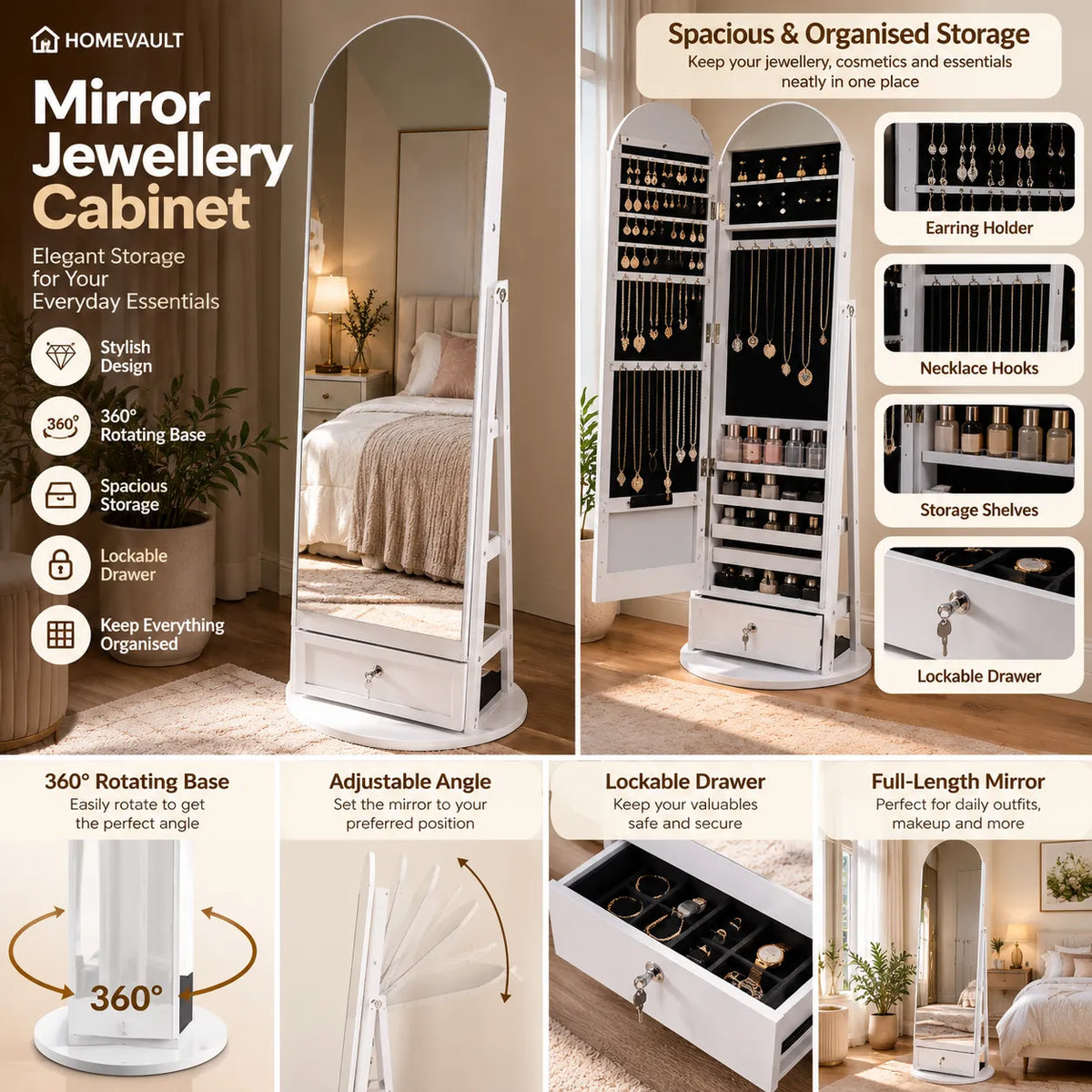 Full-Length Mirror Jewelry Cabinet with Storage – Rotating Makeup & Accessory Organizer