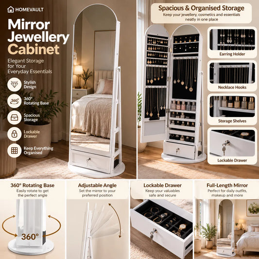 Full-Length Mirror Jewelry Cabinet with Storage – Rotating Makeup & Accessory Organizer