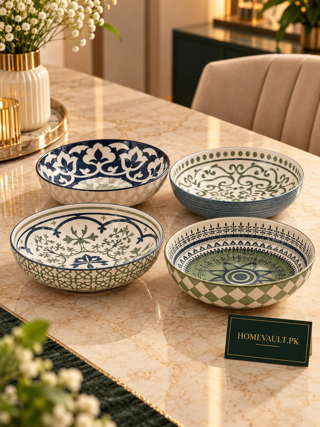 4-Piece Porcelain Soup Bowl Set – Green & White Mix-and-Match Designs | HomeVault