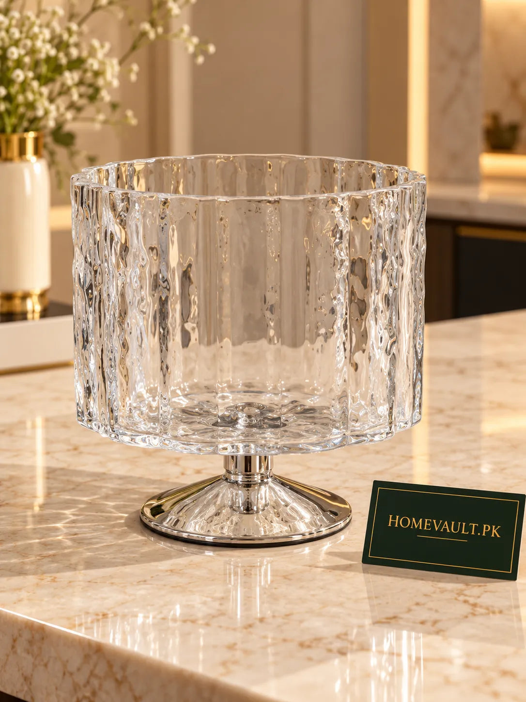 Textured Glass Decorative Bowl with Silver Pedestal Base – HomeVault