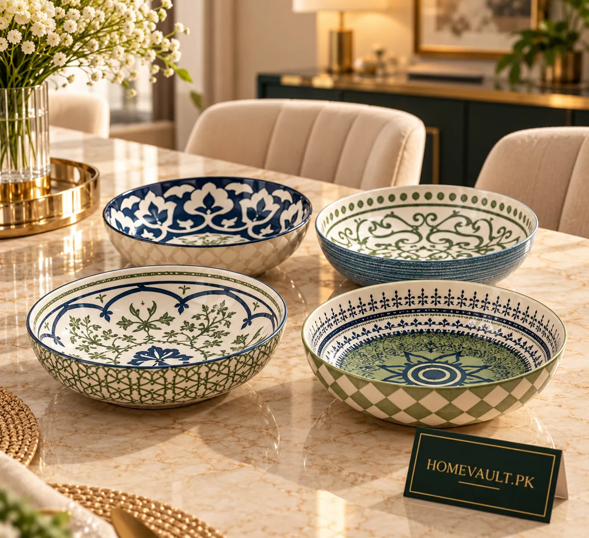 4-Piece Porcelain Soup Bowl Set – Green & White Mix-and-Match Designs | HomeVault