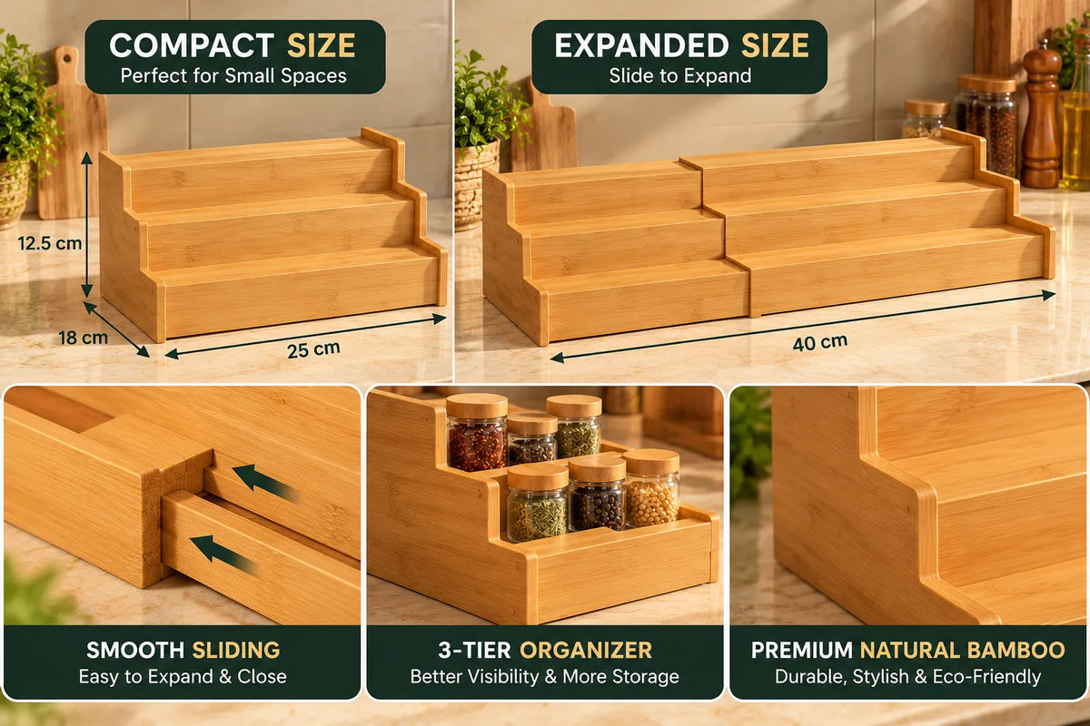 Expandable 3-Tier Bamboo Spice Rack Organizer – HomeVault