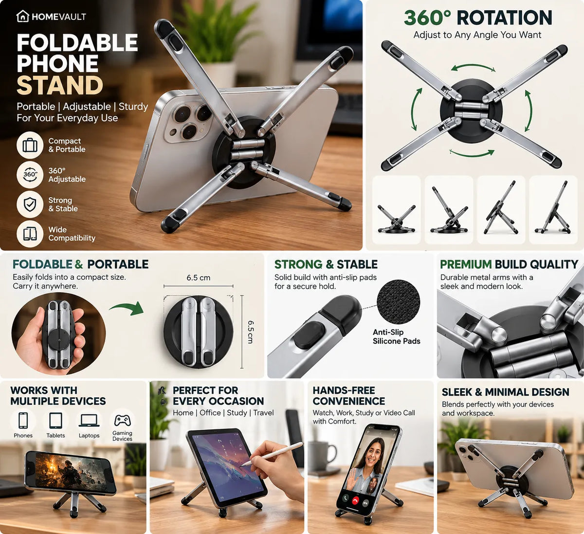 Foldable 360° Rotating Phone Stand – Adjustable Metal Mobile Holder
