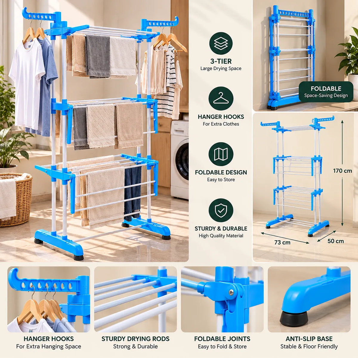 3-Tier Foldable Clothes Drying Rack with Hanger Hooks | HomeVault