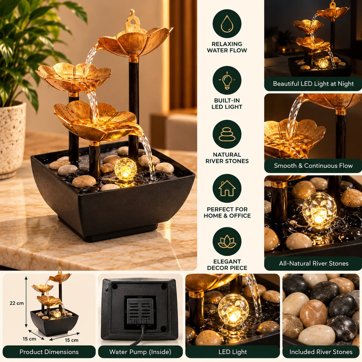 3-Tier Lotus LED Water Fountain with Decorative Stones – Indoor Tabletop Waterfall | Homevault.pk