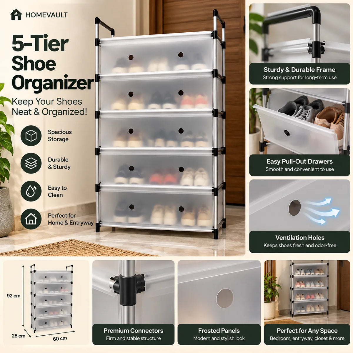 5-Tier Shoe Organizer with Transparent Storage Compartments