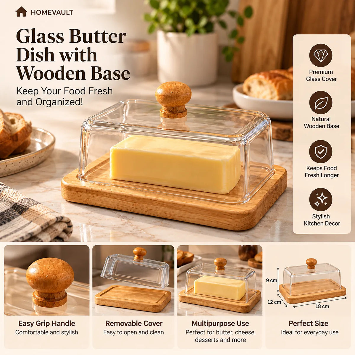 Glass Butter Dish with Wooden Base & Clear Cover – HomeVault