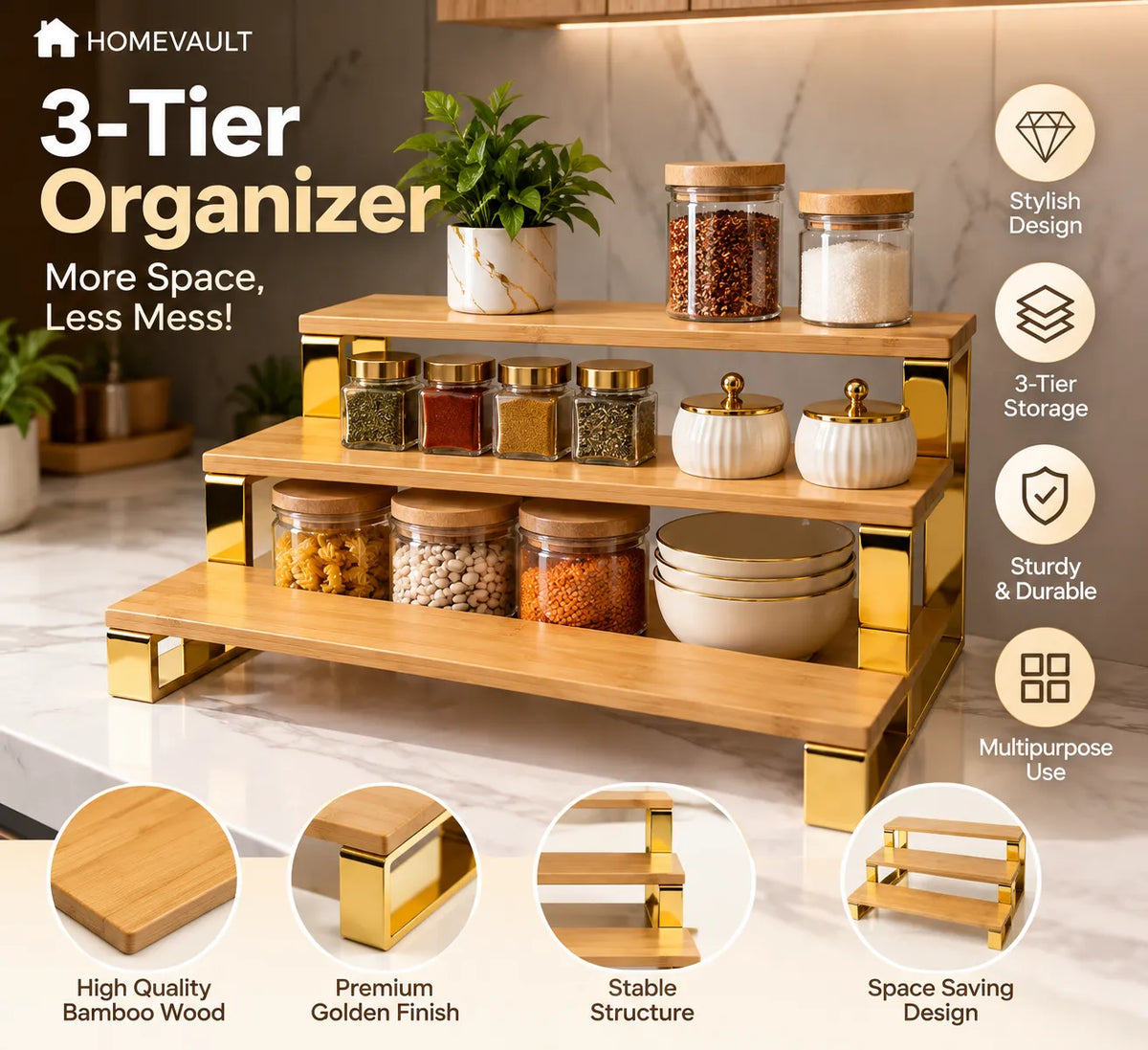 3-Tier Bamboo Kitchen Organizer with Gold Metal Stand – Space-Saving Storage Rack