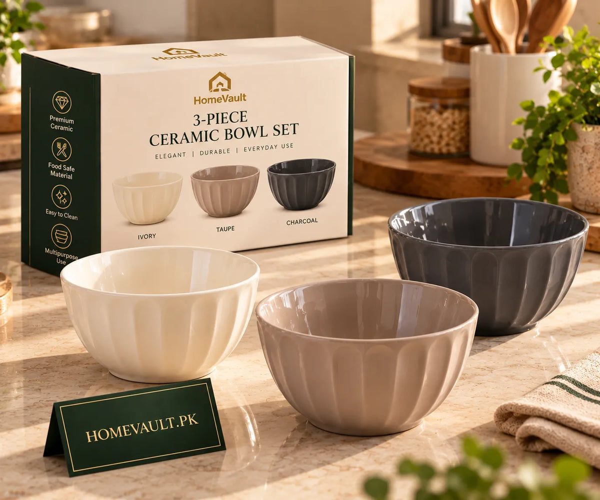 3-Piece Ribbed Ceramic Bowl Set – Ivory, Taupe & Charcoal | HomeVault