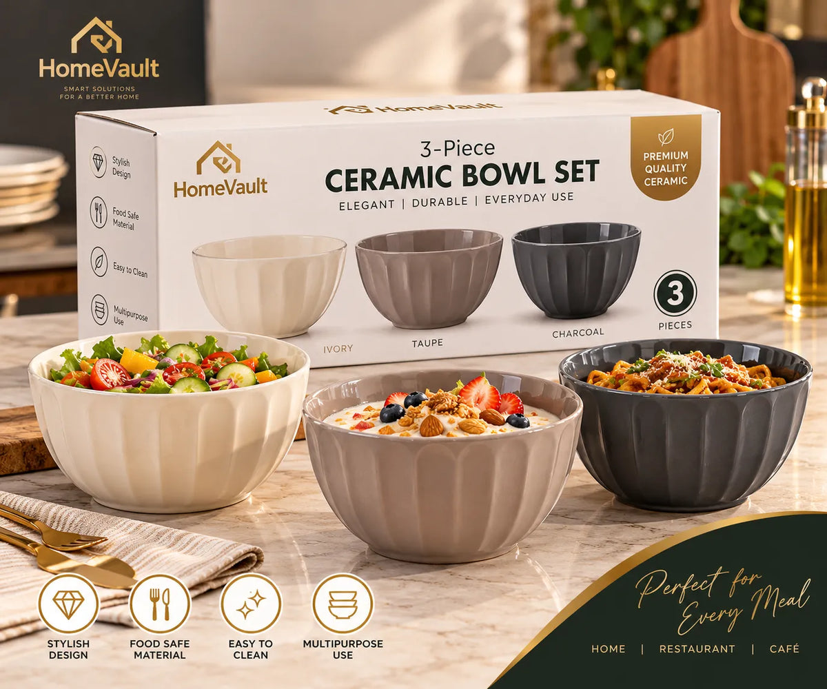 3-Piece Ribbed Ceramic Bowl Set – Ivory, Taupe & Charcoal | HomeVault
