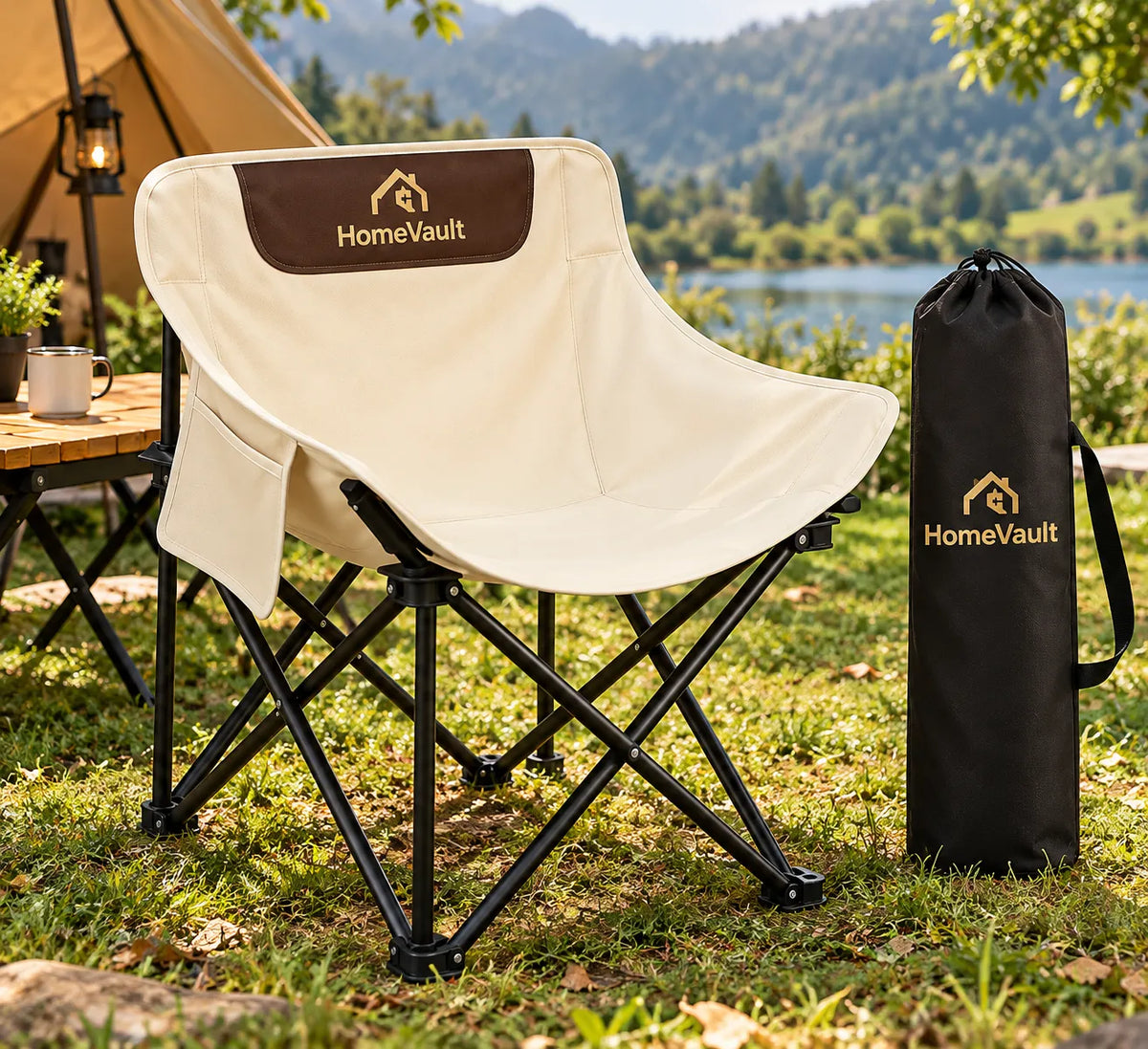 HomeVault Portable Folding Camping Chair with Carry Bag – Cream & Brown