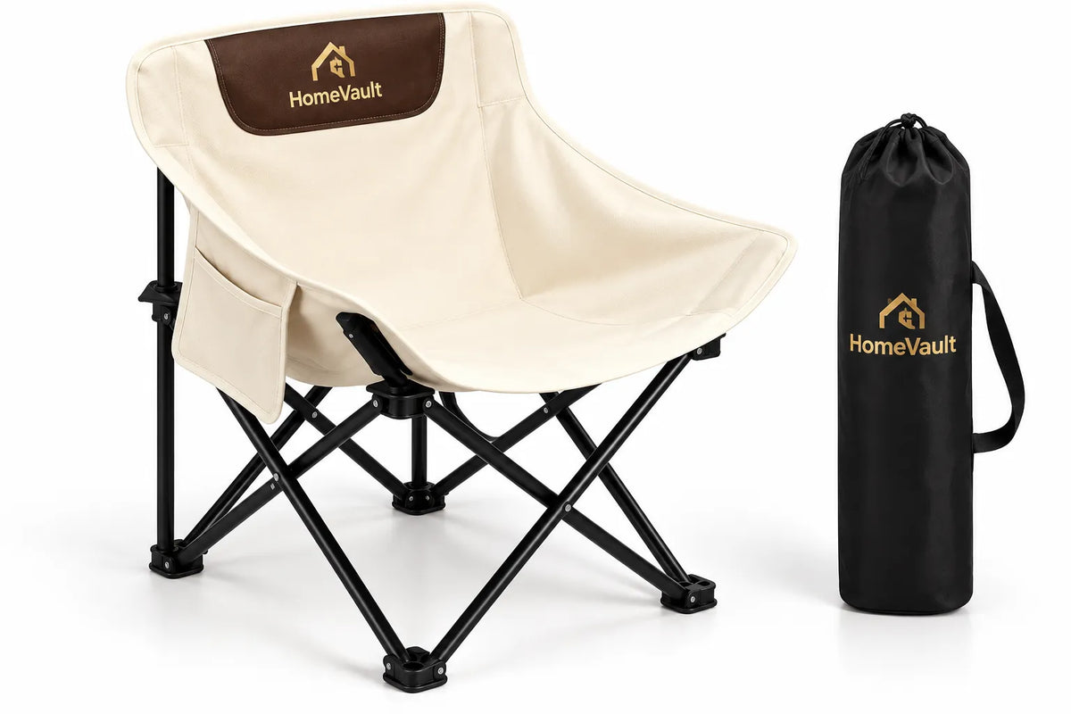 HomeVault Portable Folding Camping Chair with Carry Bag – Cream & Brown