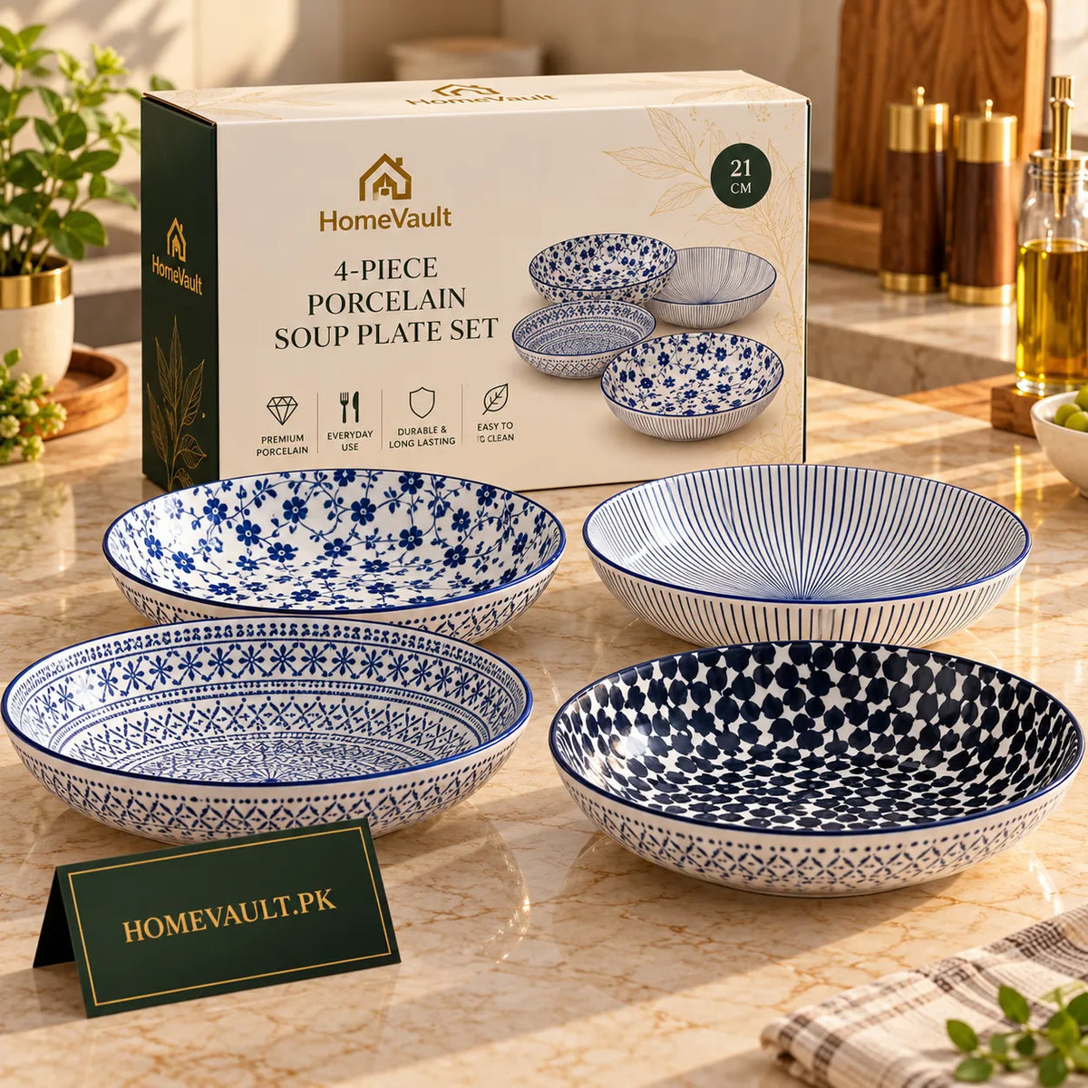 4-Piece Blue & White Porcelain Soup Plate Set – Mix & Match Designs | HomeVault