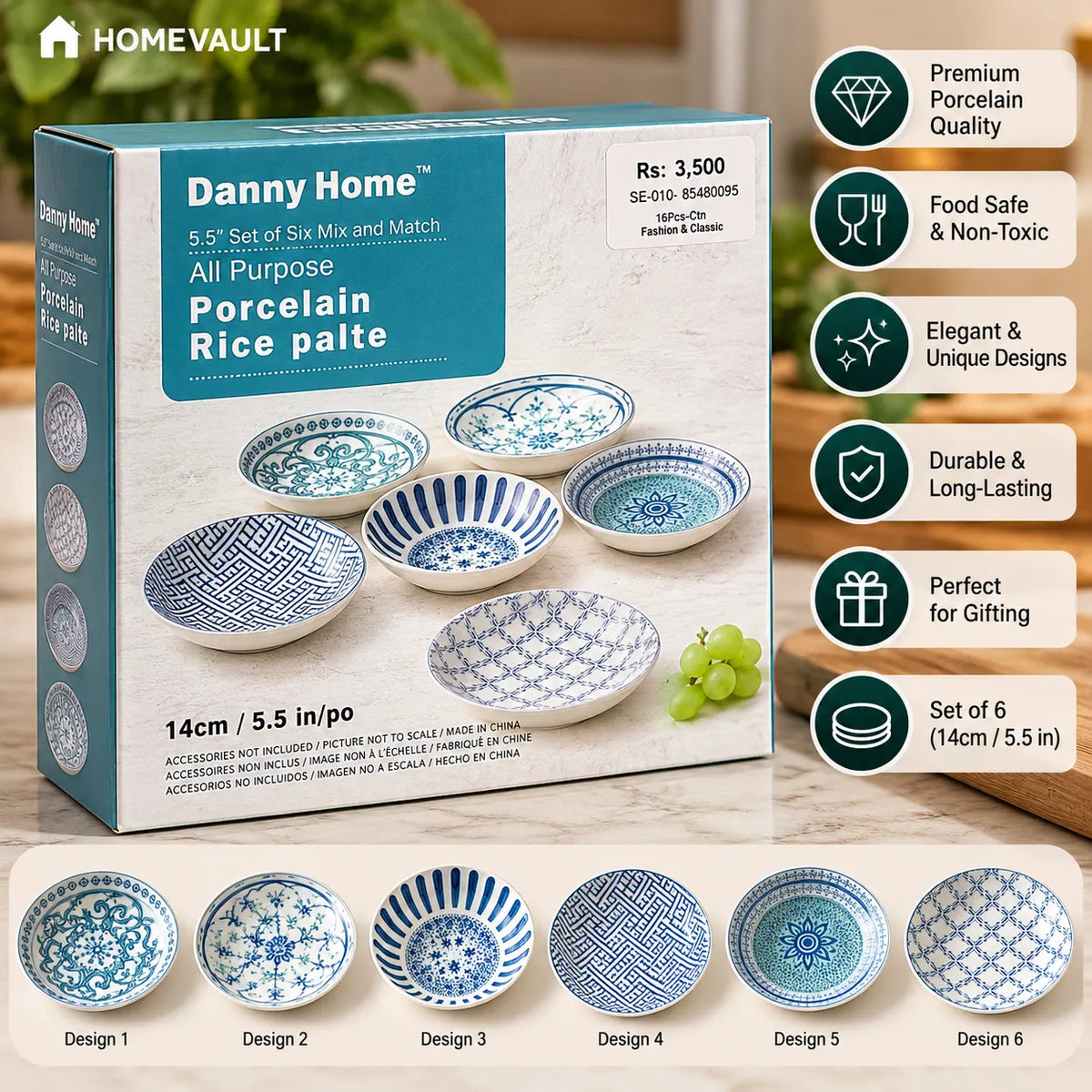 6-Piece Porcelain Rice Plate Set – Blue & White Mix and Match Designs ...