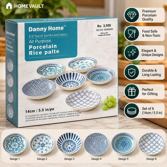 6-Piece Porcelain Cereal Bowl Set – Blue & White Mix and Match Designs | HomeVault