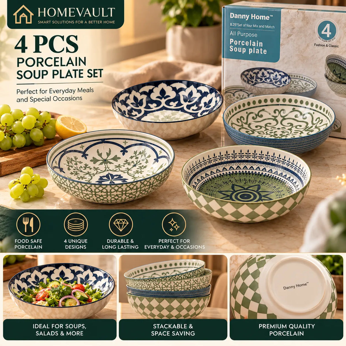 4-Piece Porcelain Soup Bowl Set – Green & White Mix-and-Match Designs | HomeVault