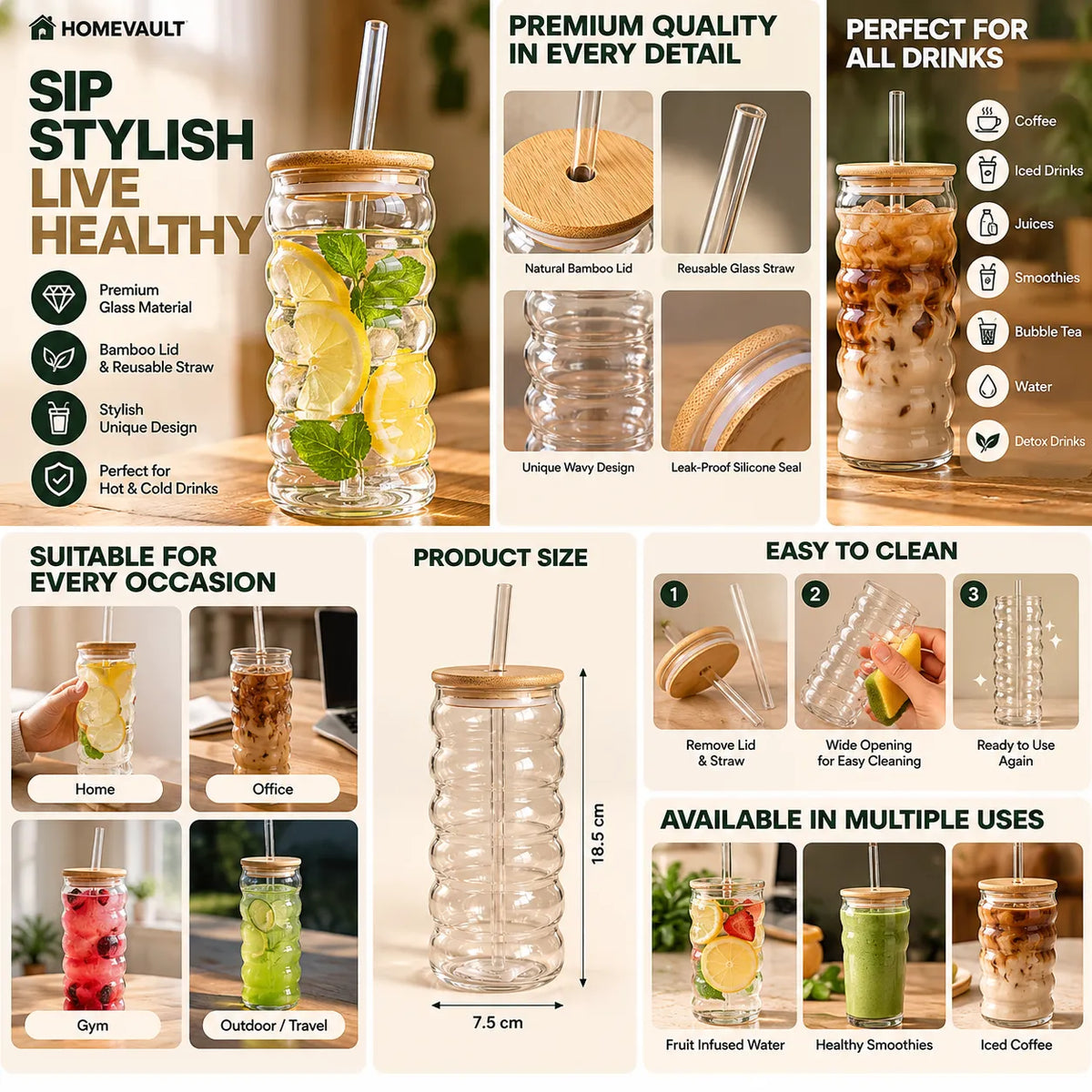Ribbed Glass Tumbler with Bamboo Lid & Reusable Straw