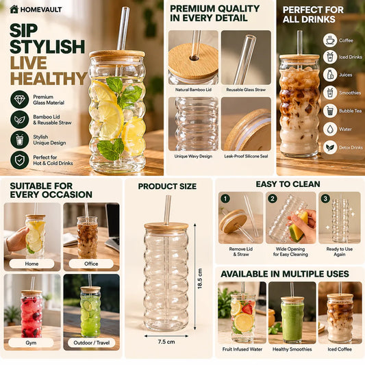 Ribbed Glass Tumbler with Bamboo Lid & Reusable Straw