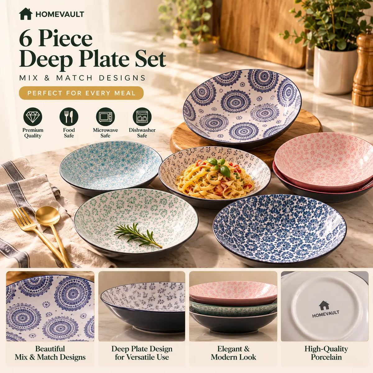 6-Piece Mix & Match Porcelain Deep Plate Set – Colorful Designs