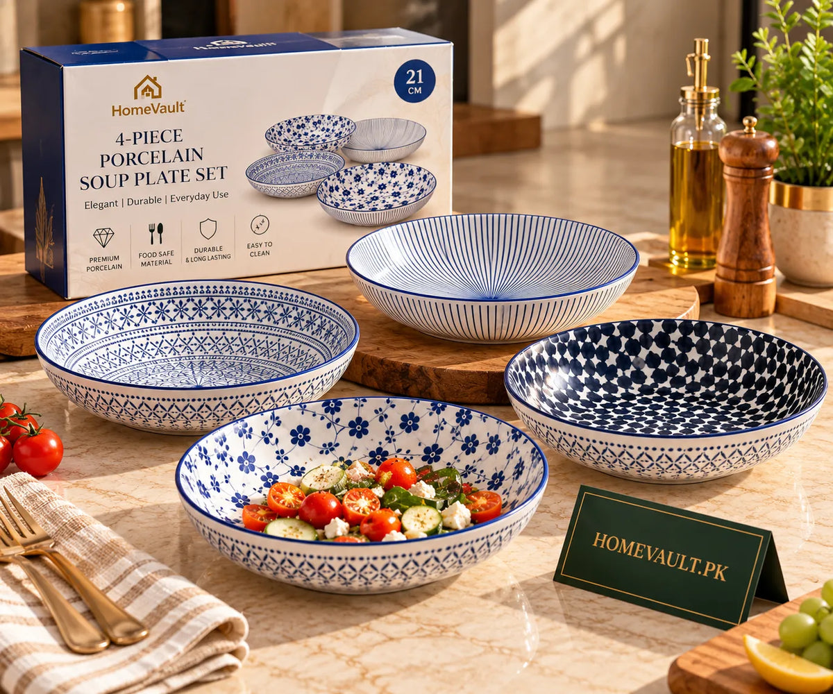 4-Piece Blue & White Porcelain Soup Plate Set – Mix & Match Designs | HomeVault