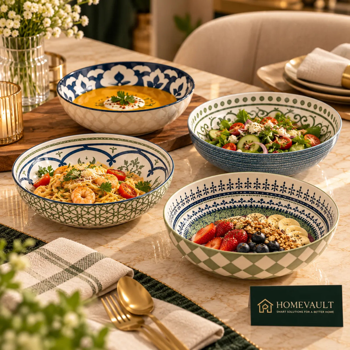 4-Piece Porcelain Soup Bowl Set – Green & White Mix-and-Match Designs | HomeVault