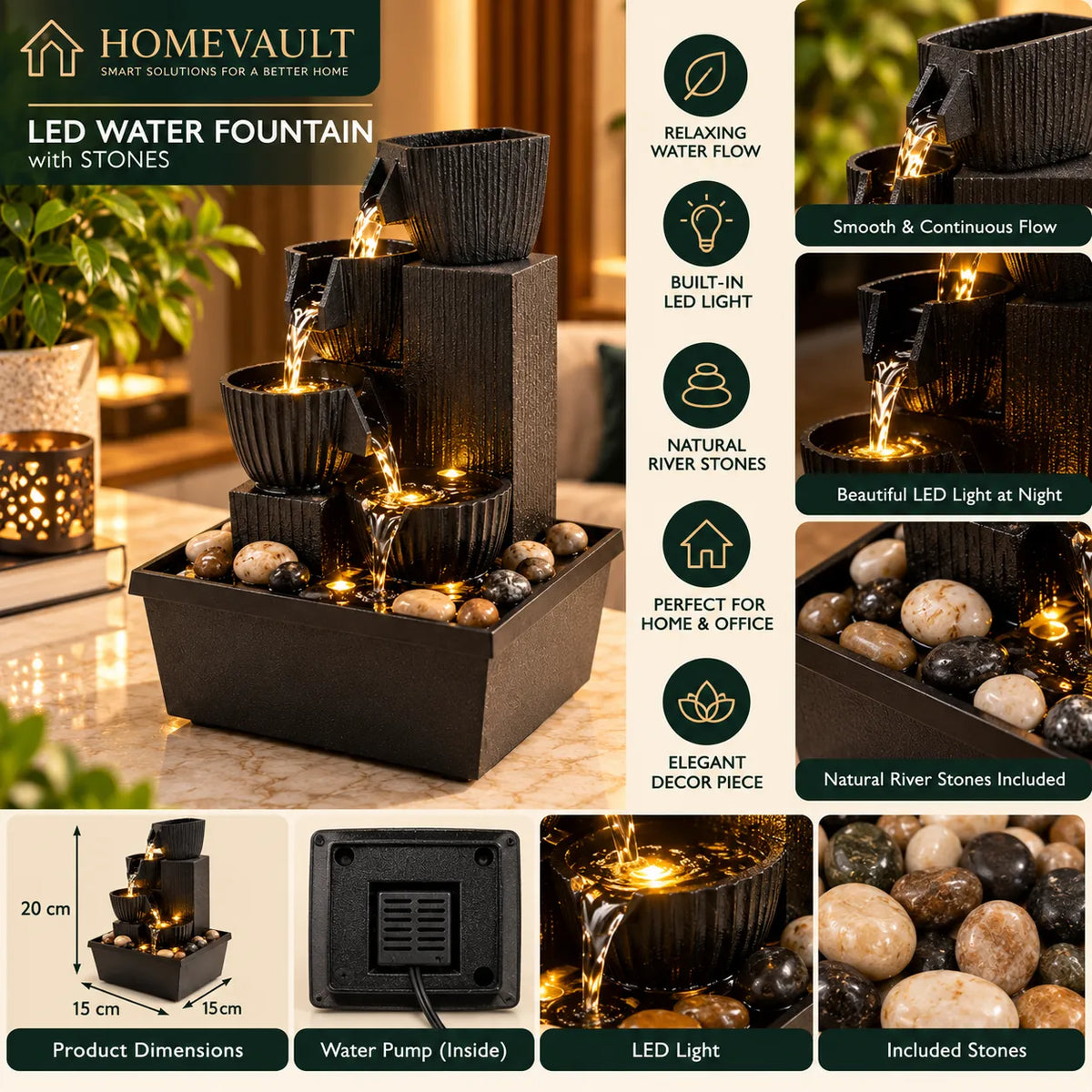 LED Water Fountain with Natural Stones – Indoor Decorative Tabletop Fountain | Homevault.pk