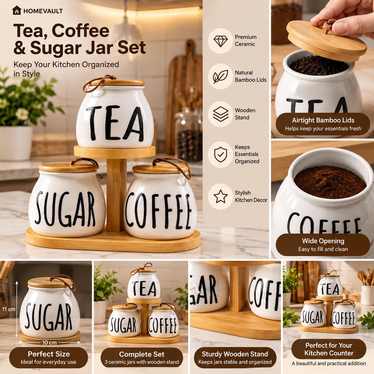 3-Piece Ceramic Tea, Coffee & Sugar Jar Set with Bamboo Lids & Wooden Stand