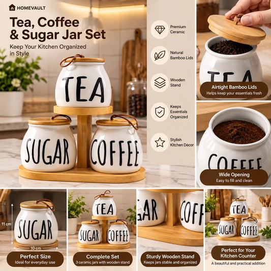 3-Piece Ceramic Tea, Coffee & Sugar Jar Set with Bamboo Lids & Wooden Stand