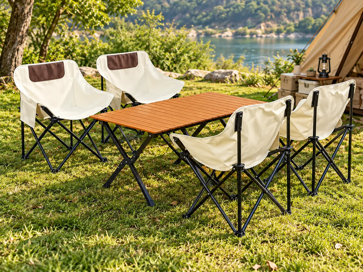 HomeVault Portable Folding Camping Chair with Carry Bag – Cream & Brown