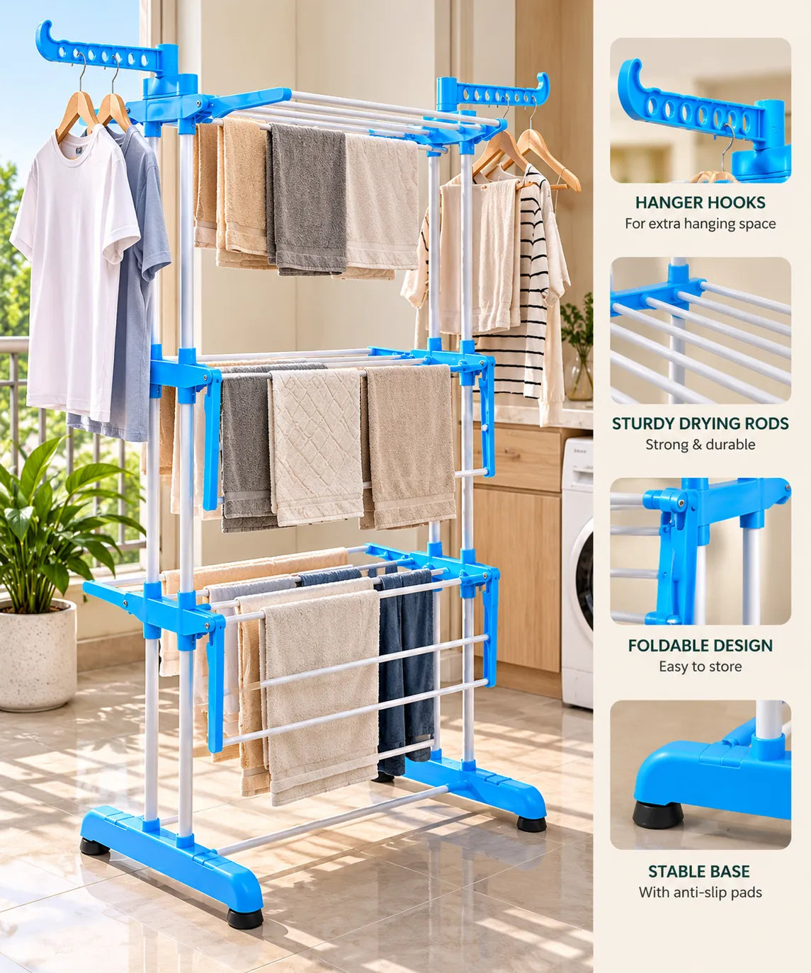 3-Tier Foldable Clothes Drying Rack with Hanger Hooks | HomeVault