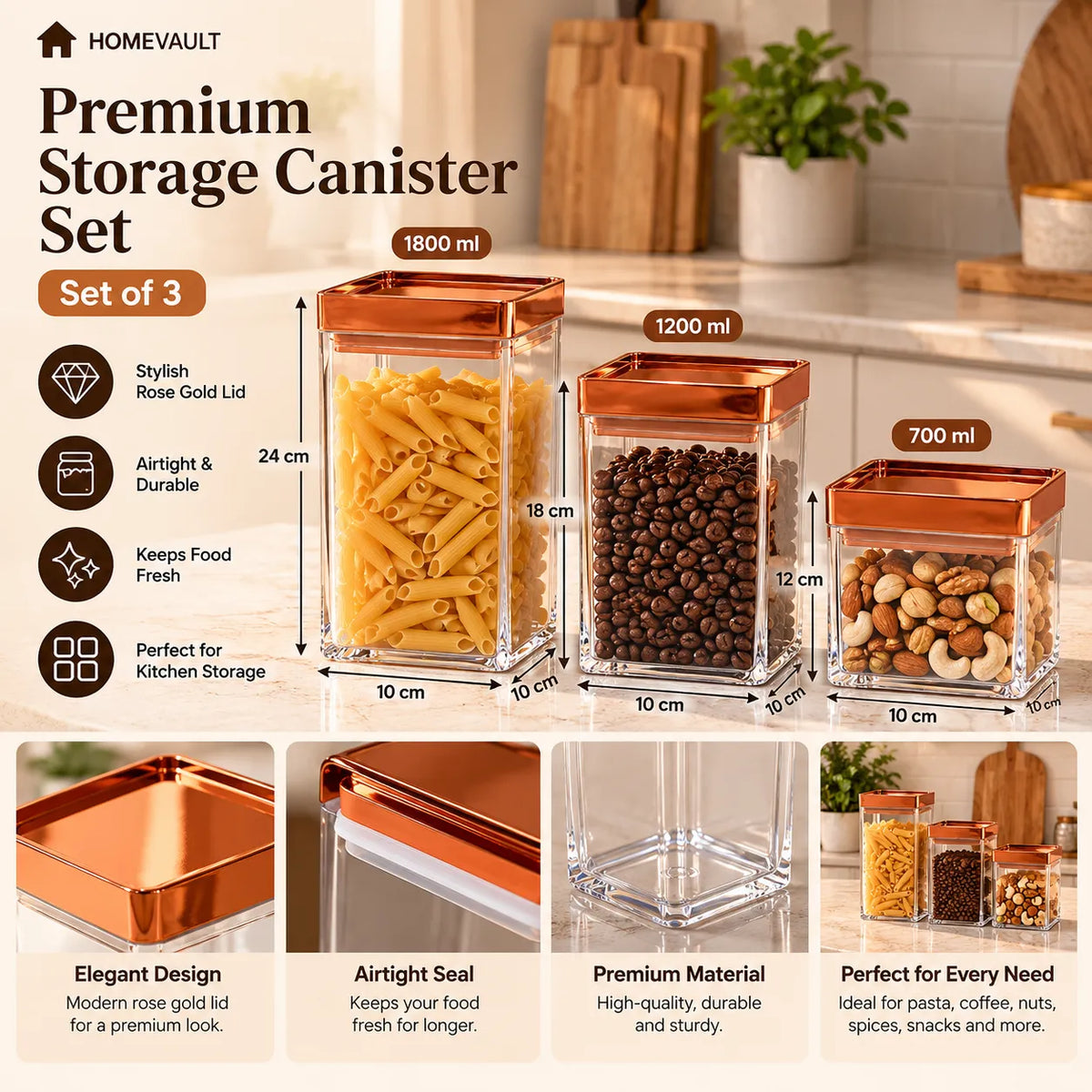 Set of 3 Transparent Storage Canisters with Rose Gold Lids – HomeVault