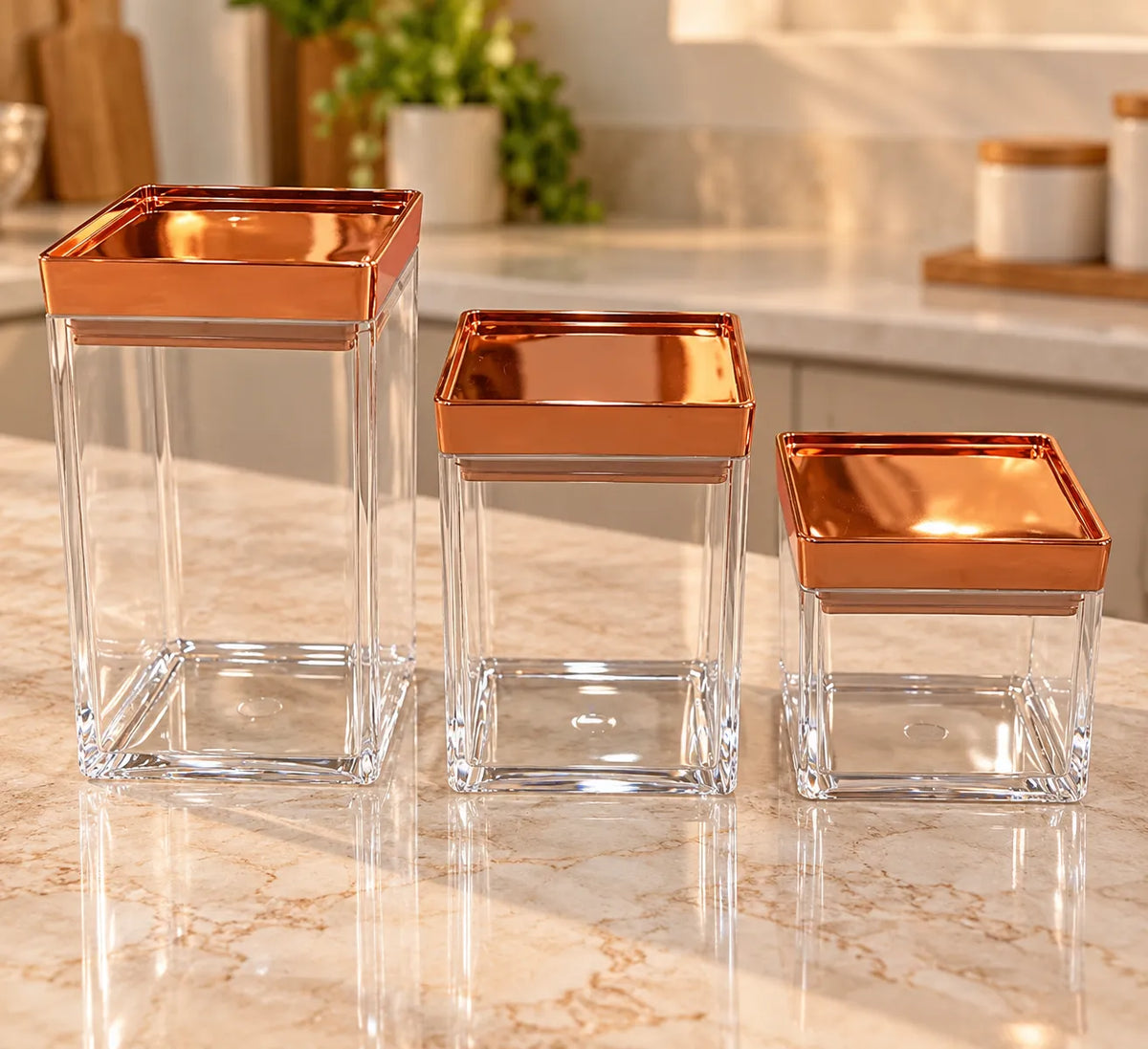 Set of 3 Transparent Storage Canisters with Rose Gold Lids – HomeVault