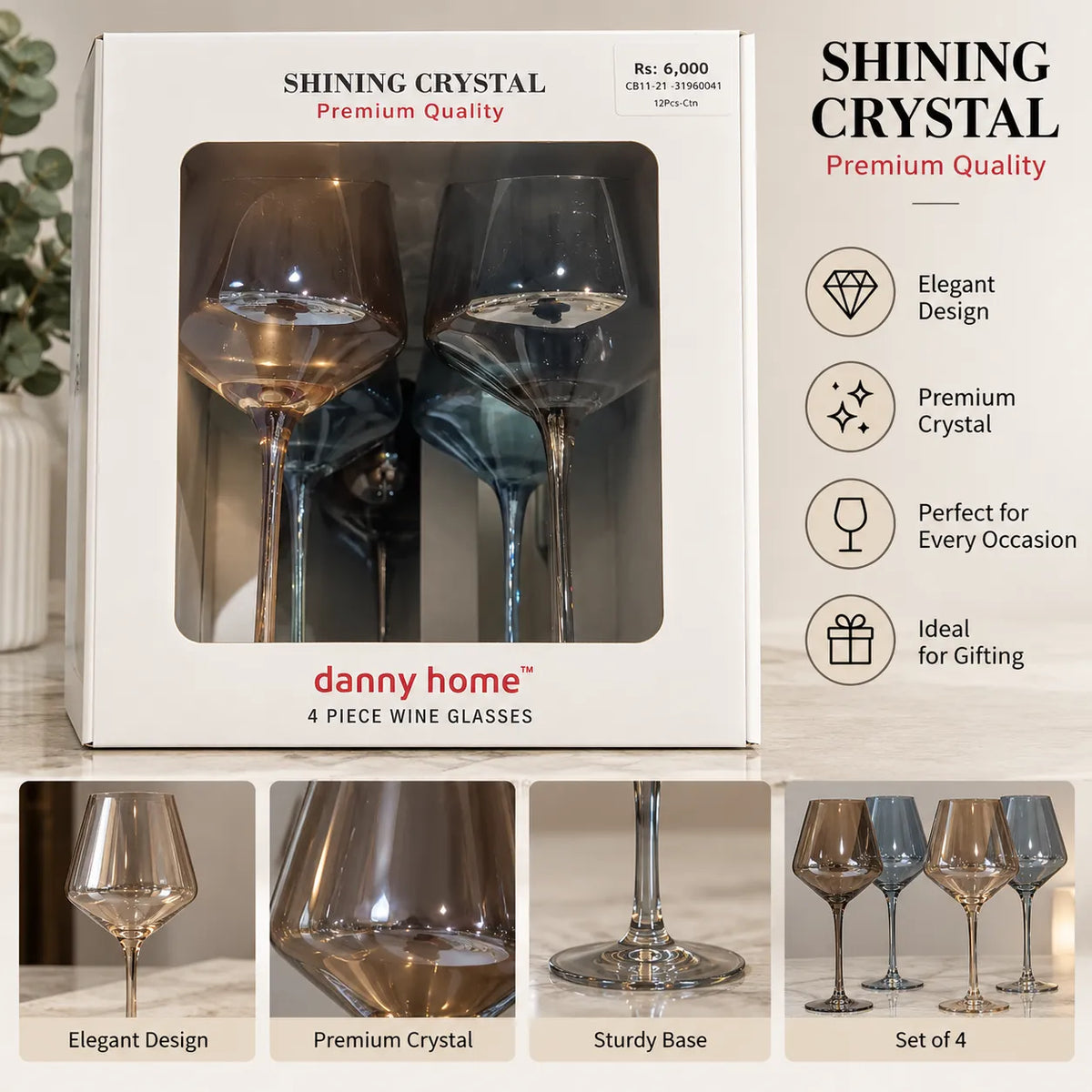 4-Piece Smoky Crystal Wine Glass Set – Blue-Grey-Pink & Green | HomeVault