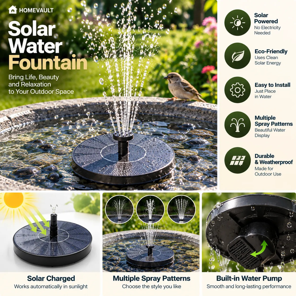 Solar Powered Floating Water Fountain Pump – Garden, Birdbath & Pond Decor